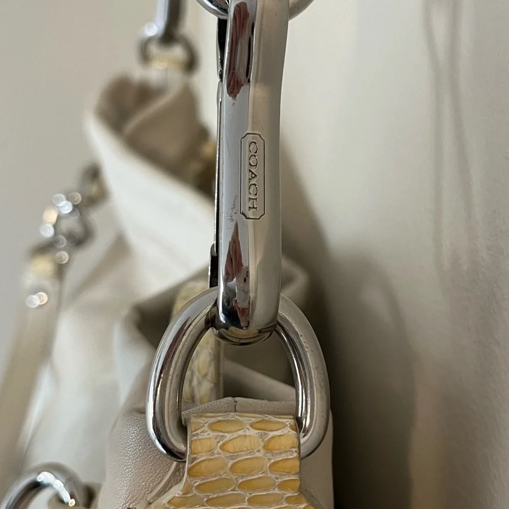 Coach 1941 Ivory Soft Leather Snakeskin Detail Silver Hardware zip top Hobo Bag